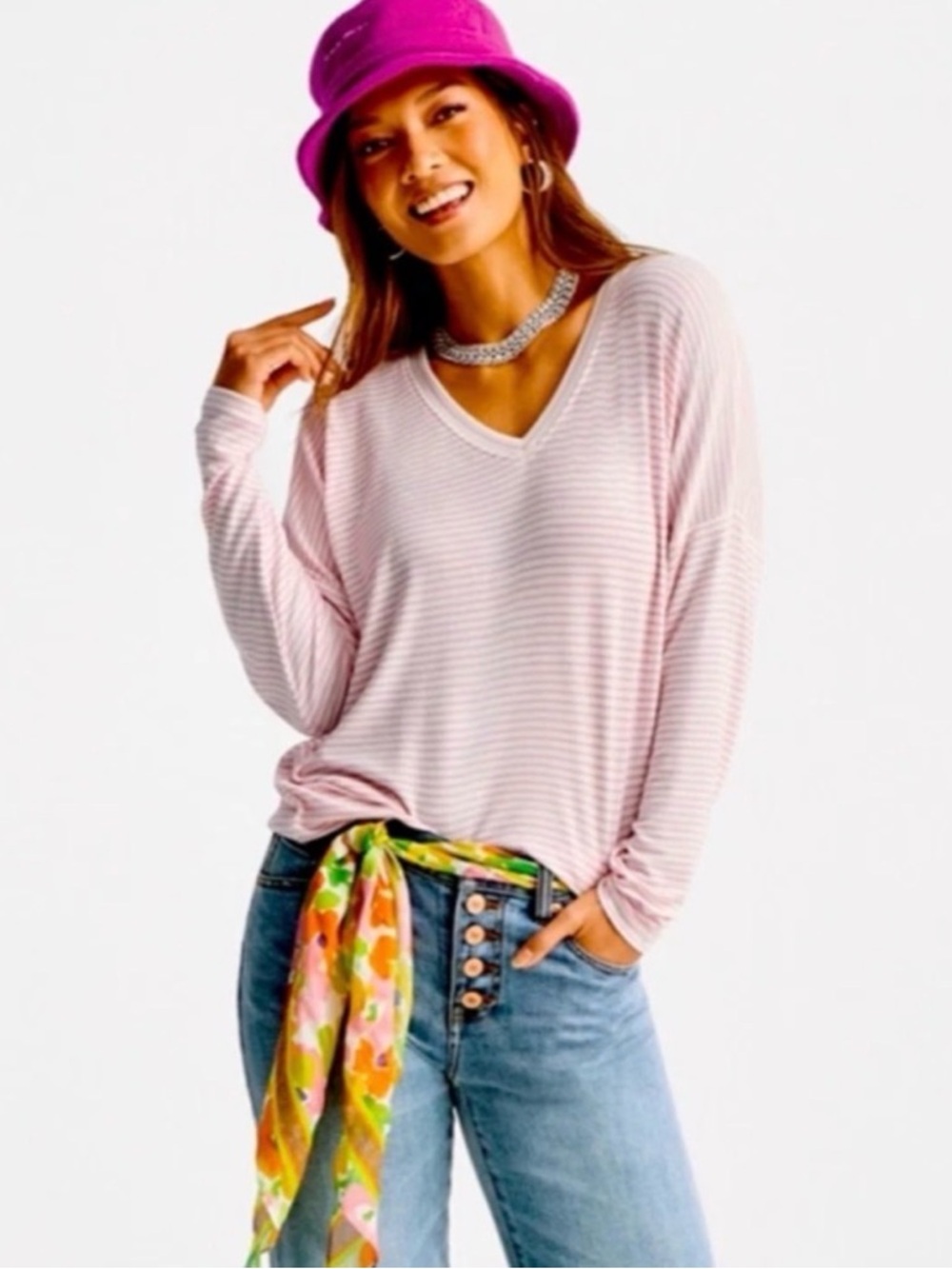 CAbi XL NWOT Light Pink/White stripe V-Neck Serenity Long Sleeve Top style 6331